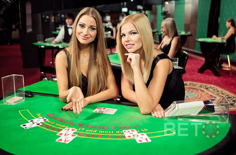 Tampilan ruang meja live untuk permainan kartu dan roda
